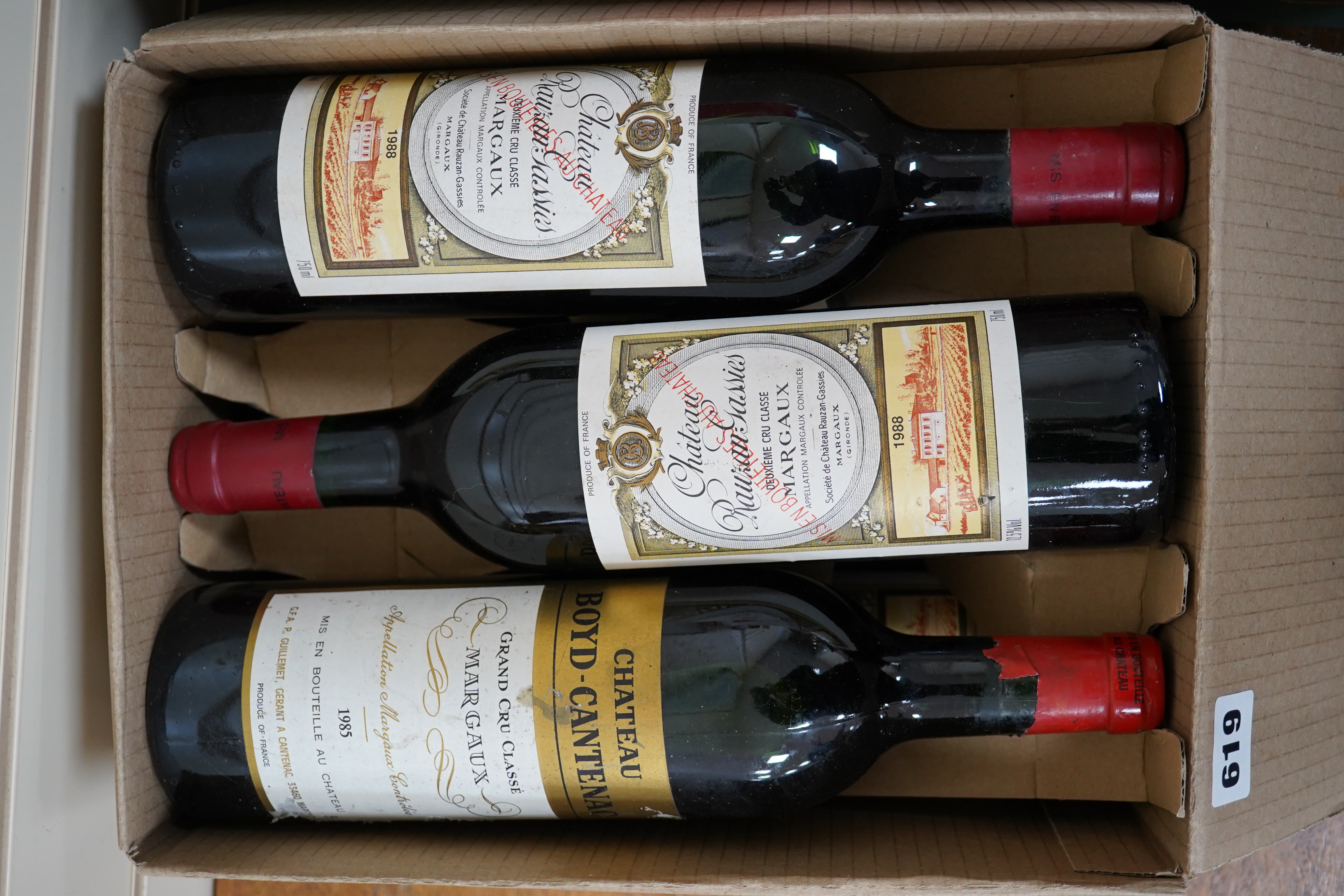 Six bottles of French red wine to include Chateau Cantenac Brown 1989 and Chateau Boyd-Cantenac 1985. Condition - fair, storage history unknown